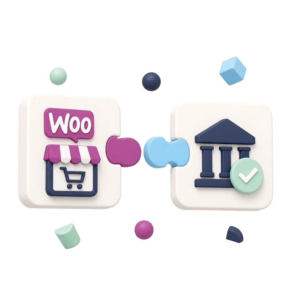 Ilustración de plugins de e-commerce conectados con validación bancaria